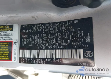 2012 Toyota Camry Le z USA, uszkodzony, nr VIN 4T4BF1FKXCR244890